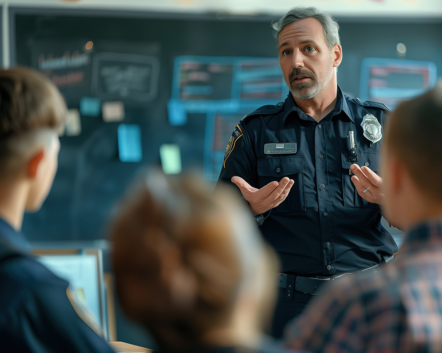 Police officer calmly speaking to a group